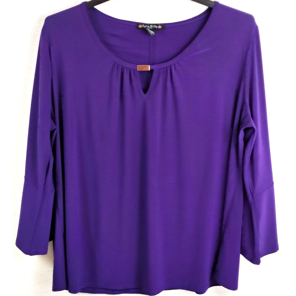 Suzie in the City Womens 2X Top Purple Gold Bar Keyhole Flared Bell Sleeve Plus